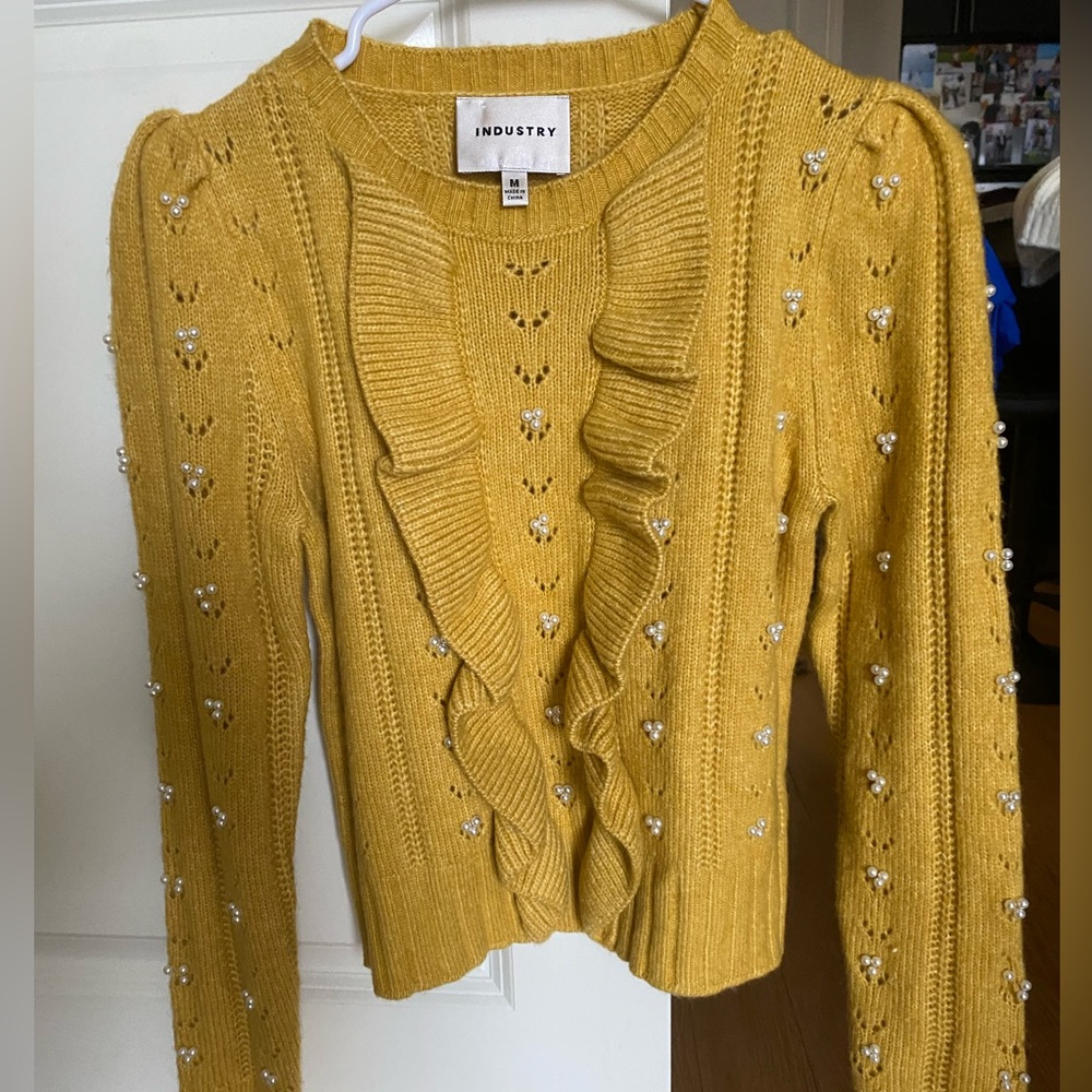 INDUSTRY Yellow Cable-Knit Cardigan with Ruffle Detail